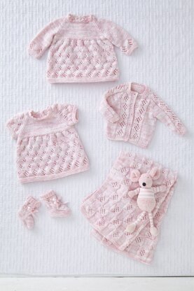 Dress, Cardigan, Blanket  and Bootees in King Cole Little Treasures DK - 5856 - Downloadable PDF