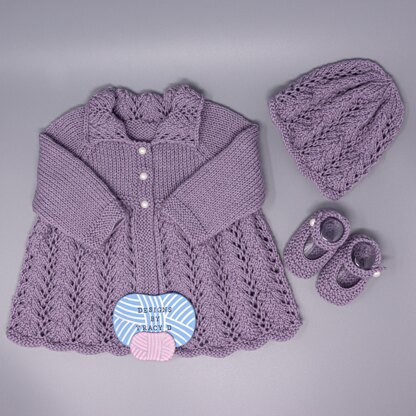 Lowri baby matinee, hat, shoes booties and mitts 16" and 18" chest