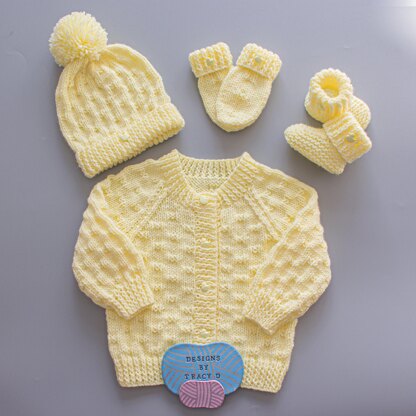 Alex Baby Cardigan Hats, Booties & Mitts knitting pattern 18 inch chest size