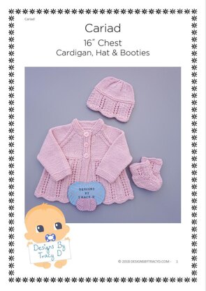 Cariad Baby Cardigan, hat & Booties knitting pattern