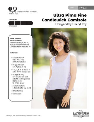 Fine Candlewick Camisole in Cascade Yarns Ultra Pima Fine - FW275 - Downloadable PDF