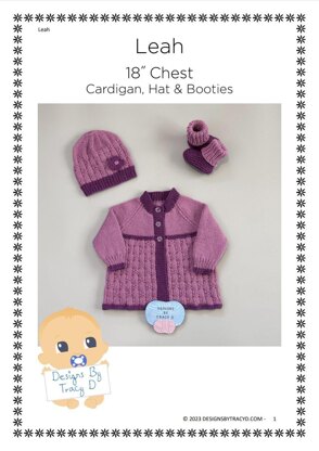 Leah 18 inch chest 3-6mths Baby cardigan, Hat  & Booties knitting pattern