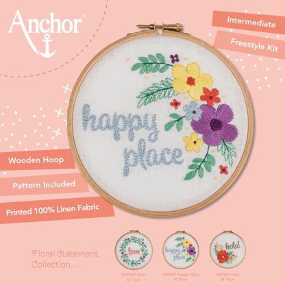 Anchor Starter Kit Happy Place Hoop Printed Embroidery Kit - 15 x 15 cm