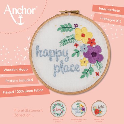 Anchor Starter Kits Happy Place Hoop Embroidery Kit - 15 x 15 cm