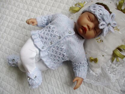 Knitting pattern baby cardigan, headband and Mary Jane shoes