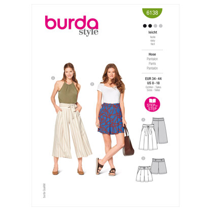 Burda Style Misses' Culottes, Trousers, Pants B6138 - Paper Pattern, Size 8-18