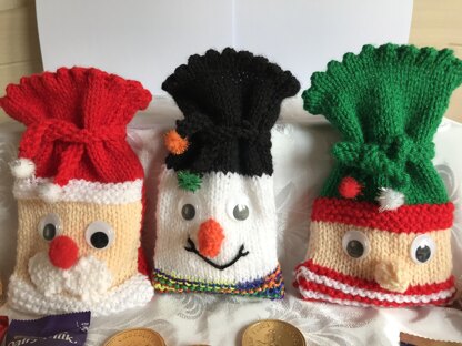 DK knitting pattern Santa, Snowman & Elf chocolate treat gift bag pouches