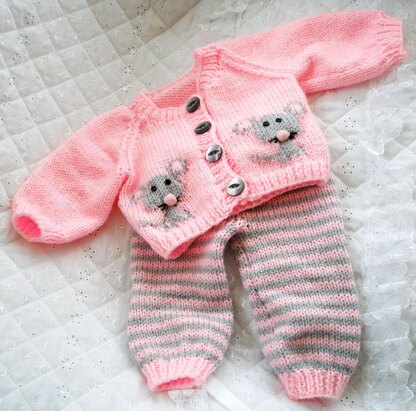 Baby Doll Knitting pattern, Mouse motif, Cardigan, Leggings, Hat & Boots, 0-3 Month Baby, 17-22 inch Doll