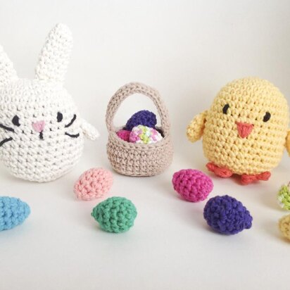 Crochet Easter Stuffed Animal Pattern with Bunny Rabbit, Chick, Basket and Eggs