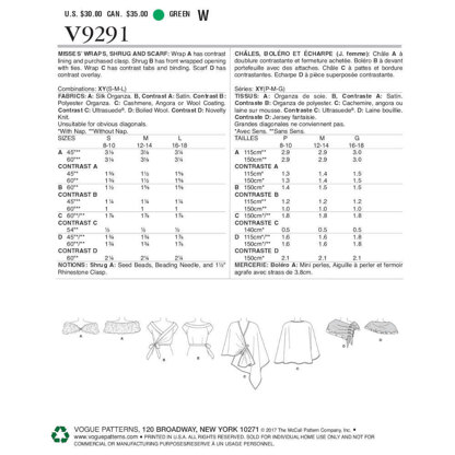 Vogue Misses' Wraps, Shrug, and Scarf V9291 - Paper Pattern, Size S-M-L