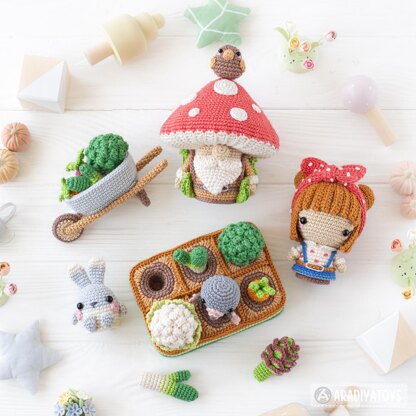 5-in-1 vegetable patch crochet pattern amigurumi by AradiyaToys mini kingdom mushroom gnome crochet tutorial DIY PDF file bunny garden girl by AradiyaToys (Olka Novytska)