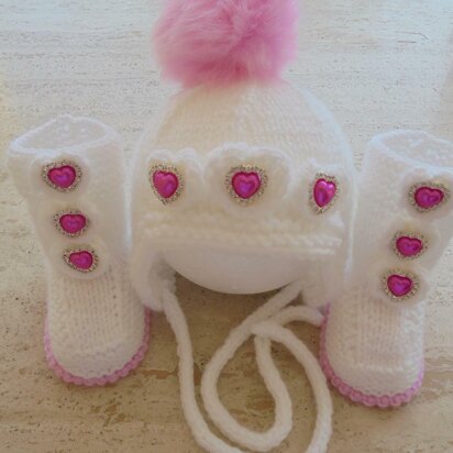 Baby Girl Heart Hat And Booties