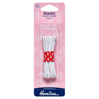 Hemline General Purpose Braided Elastic: 5m x 3mm: White