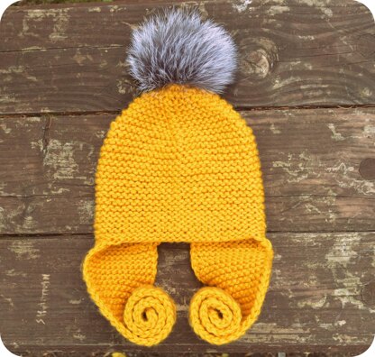 Long Earflap Hat with Faux Fur Pompom