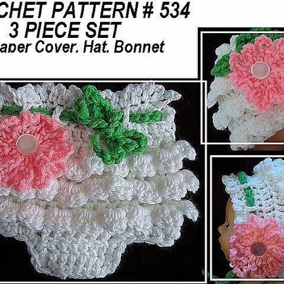 534, Crochet Ruffled Diaper Cover, Hat, and Bonnet