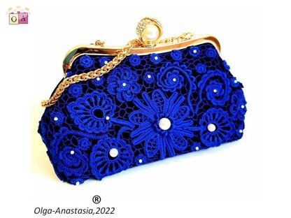 Evening blue lace bag 3 - crochet Irish lace