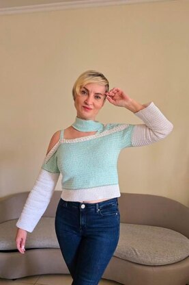 One shoulder turtleneck crochet sweater