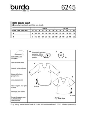 Burda Style Misses' Blouse – Tunic Top – V-Neck – Back Button Fastening B6245 - Paper Pattern, Size 8-18