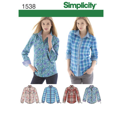 Simplicity Women's  Button Front Shirt sizes 6 - 22 1538 - Sewing Pattern