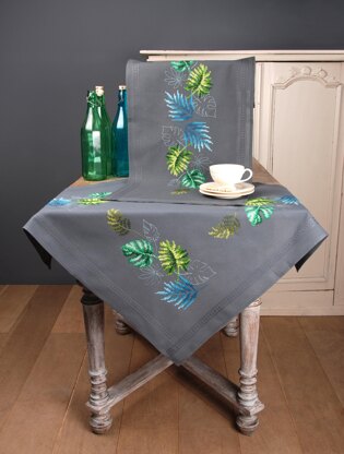 Vervaco Botanical Leaves Tablecloth Printed Embroidery Kit - 80 x 80 cm