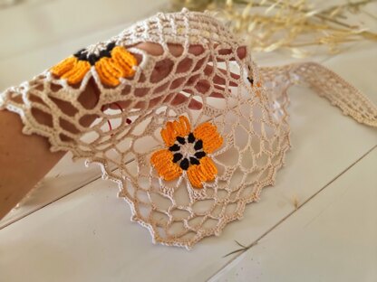 Boho Bandana with Floral Motif, Freeform Mesh and Filet Crochet Design (H8)