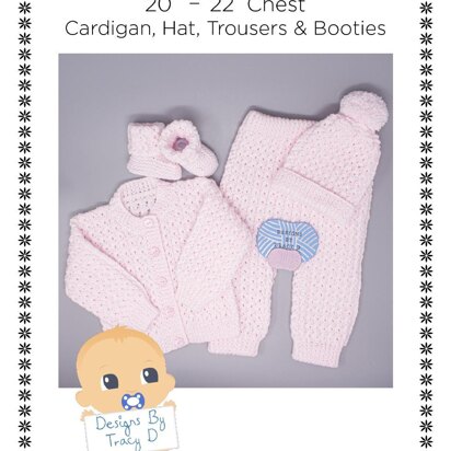 Bethan Pram Set 20 - 22" chest Cardigan, Trousers, Hat & Booties.