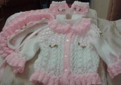 Frilly Edged Cardi, booties and bonnet ref:11