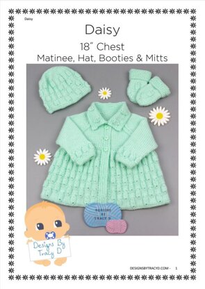 Daisy matinee, bonnet or beanie, booties & mitts Baby Knitting Pattern