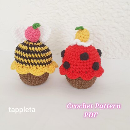 Bee and Ladybug cupcakes crochet pattern, Amigurumi cupcake with bee wings and fruit, Crochet food pattern,Baby shower Birthday decoration