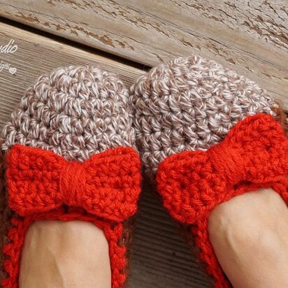 Crochet Slippers with Red Bow