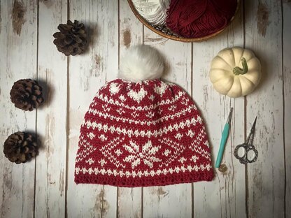 Fair Isle Snowflakes & Hearts Slouchy Beanie