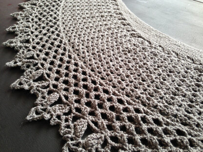One Skein Gray Textured Crescent Shawl with Lace, Intricate Edging, Slip Stitch