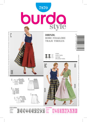 Burda Dirndl Dress Sewing Pattern B7870 - Paper Pattern, Size 12-30