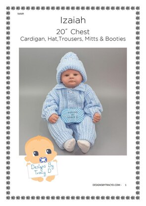 Izaiah unisex baby pram set 20" chest cardigan, hat, trousers, mitts & booties