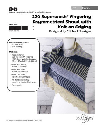 Asymmetrical Shawl with Knit-on Edging in Cascade Yarns 220 Superwash Fingering - FW302 - Downloadable PDF