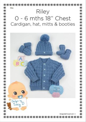 Riley unisex baby knitting pattern cardigan, 2 hats and booties 0-6mths