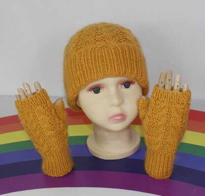 Toddler Child Aran Alternate Cable Beanie Glovess