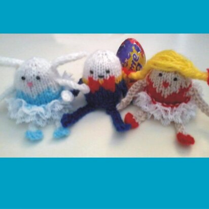 Humpty dumpty, ballerina and bunny Creme egg holders, knit in lace