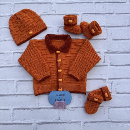 Pumpkin baby knitting pattern cardigan, hat, booties & mitts