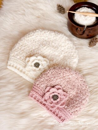 Easy Chunky Winter Hat with Flower - 3 Sizes