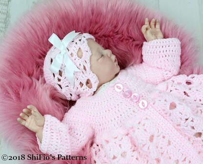 Crochet Pattern For Baby Matinee Jacket , Dress, Hat and Booties #291