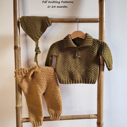 Mossy Baby Sweater, Bonnet and Pants | 0-24 months - knitting pattern