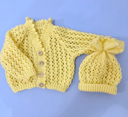 Frilly Edge V-Neck Baby Cardigan and Hat