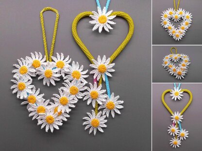 Crochet pattern daisies heart - easy from scraps of yarn