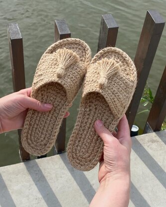 Jute Slippers with Tassels for women, Jute slippers Crochet Pattern, Step-by-step Video Crochet Jute Flip Flops