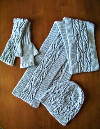 Lace and Cable Scarf, hat and mittens