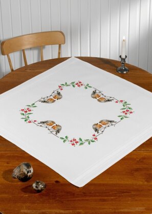 Permin Christmas Robins Table Cloth Cross Stitch Kit - 80cm x 80cm