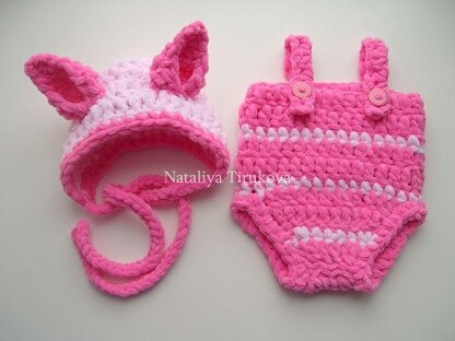 Piglet Baby Bonnet and Romper Set