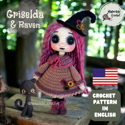 Griselda witch and Raven cat amigurumi