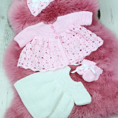 Crochet Pattern For Baby Matinee Jacket , Dress, Hat and Booties #291